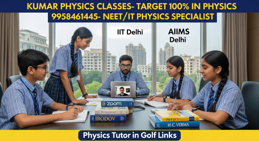 Students in modern school uniforms studying Physics online with Kumar Sir on a MacBook in a conference room, with IIT Delhi and AIIMS Delhi visible through the glass window – Physics Tutor in Golf Links
