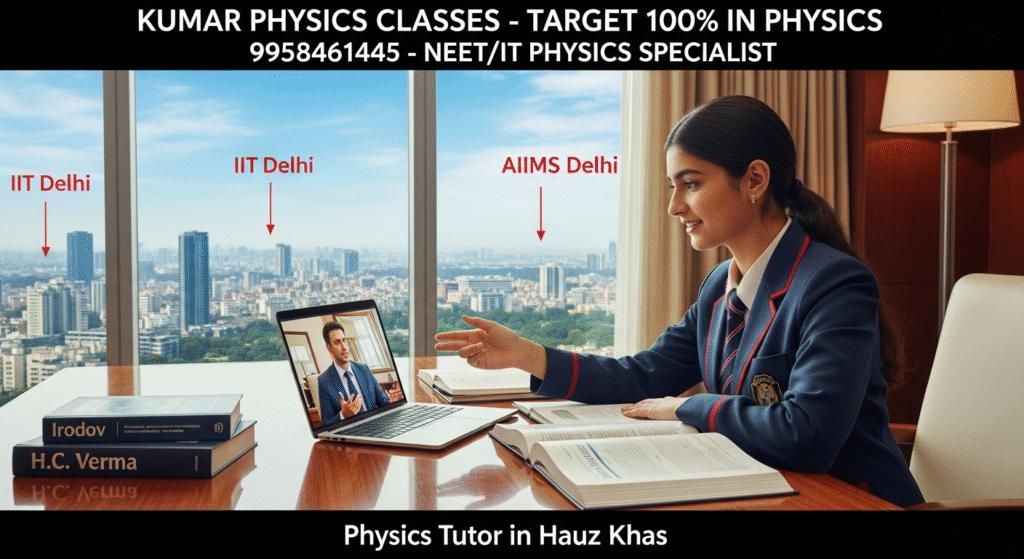 A student in modern school uniform studying Physics online with Kumar Physics Classes in a hotel conference room, with IIT Delhi and AIIMS Delhi visible outside the window. Label: Physics Tutor in Hauz Khas.