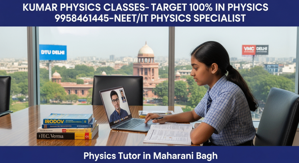 Physics Tutor in Maharani Bagh – students studying Physics online with Kumar Physics Classes, showing IIT Delhi and AIIMS Delhi view

