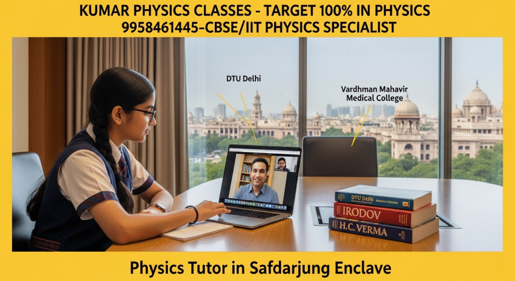 Student attending an online Physics class with Kumar Sir via MacBook in a conference room, physics books like Irodov and H C Verma on the table, view of Delhi monuments, promotional banner for Kumar Physics Classes, Physics Tutor in Safdarjung Enclave.