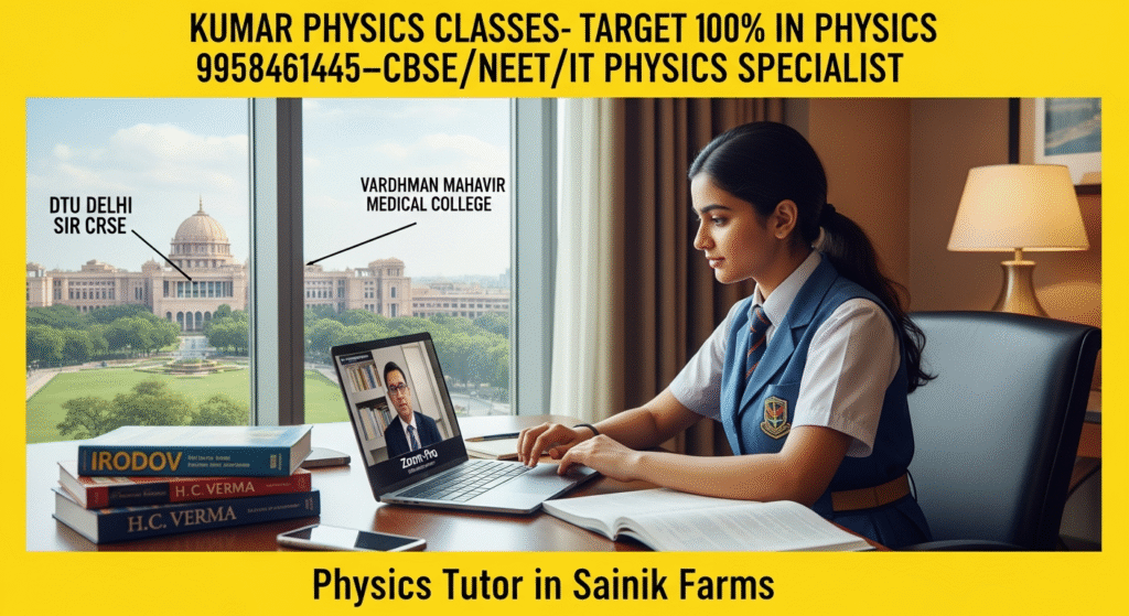 student attending online physics class with Kumar Sir via MacBook in a modern room, IIT Delhi and AIIMS Delhi visible outside, Physics Tutor in Sainik Farms banner
