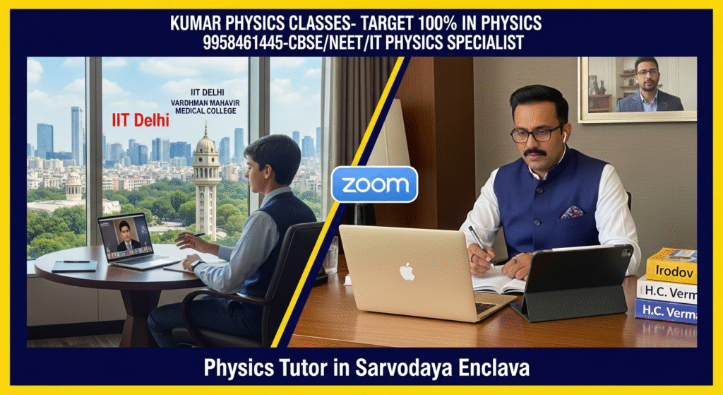 “Student attending an online physics class with a tutor on a laptop – Kumar Physics Classes online coaching session image”