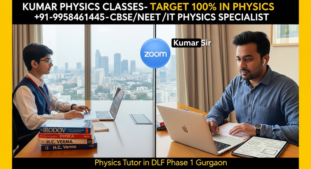 Online physics tutoring session by Kumar Physics Classes for students in DLF Phase 1 Gurgaon, showing Kumar Sir teaching one-on-one through Zoom.