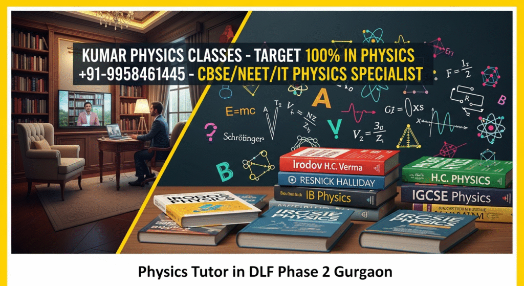 “Physics tutor in DLF Phase 2 Gurgaon – Kumar Physics Classes banner with books, formulas, and contact number +91-9958461445”