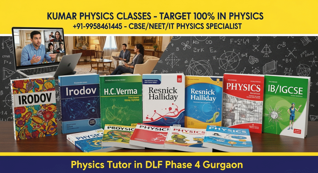 Physics Tutor in DLF Phase 4 Gurgaon promotional banner showing Kumar Physics Classes with popular Physics books like HC Verma, Irodov, and NCERT.