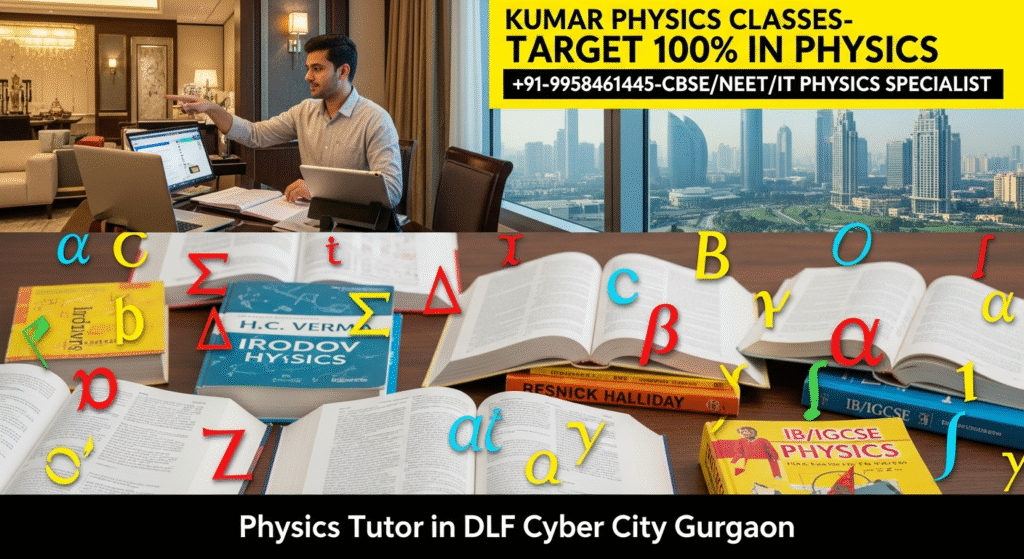 “Physics Tutor in DLF Cyber City Gurgaon – Kumar Physics Classes banner with books, formulas, and contact number +91-9958461445”