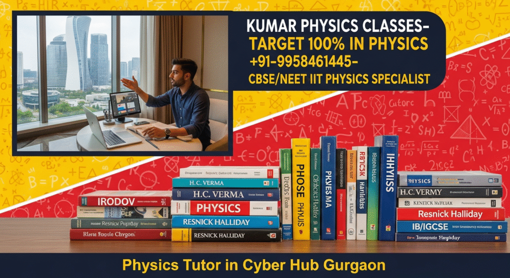 “Physics Tutor in Cyber Hub Gurgaon – Kumar Physics Classes banner with books, formulas, and contact number +91-9958461445”