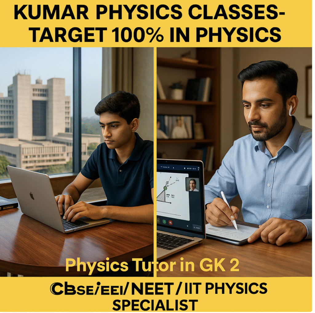 split-screen physics tuition image featuring an Indian student studying on a MacBook and Kumar Sir teaching online for CBSE NEET IIT in GK 2