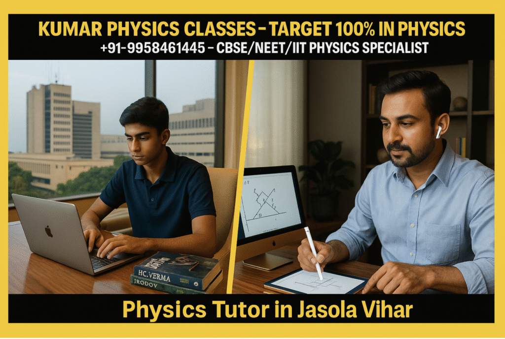 “A realistic split-screen image showing an 18-year-old student studying physics on a MacBook in a 5-star hotel room and Kumar Sir teaching online from a modern home office – Physics Tutor in Jasola Vihar.”