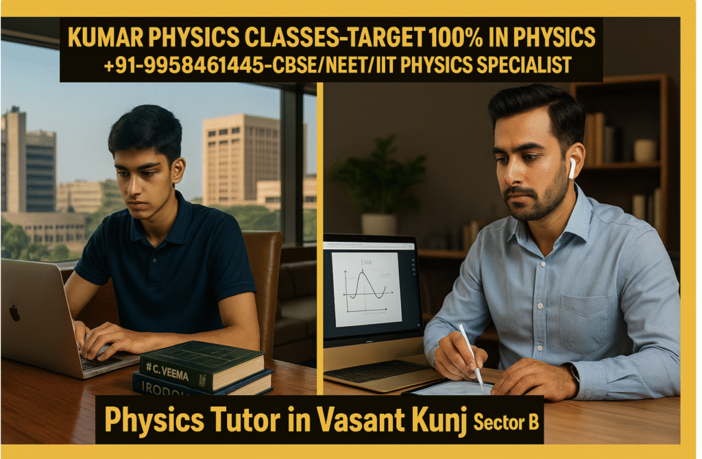 “Physics tutor teaching an 18-year-old student online — split-screen image showing Kumar Sir conducting a Zoom physics class on a Golden MacBook, with the student studying on a silver MacBook in a 5-star hotel room; books H.C. Verma and Irodov visible; banner shows Physics Tutor in Vasant Kunj Sector B.”