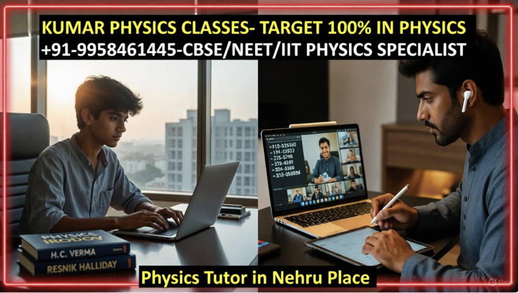 Students studying online physics with Kumar Sir on a MacBook in a conference room, with Irodov and H.C. Verma books on the table — Physics Tutor in Nehru Place