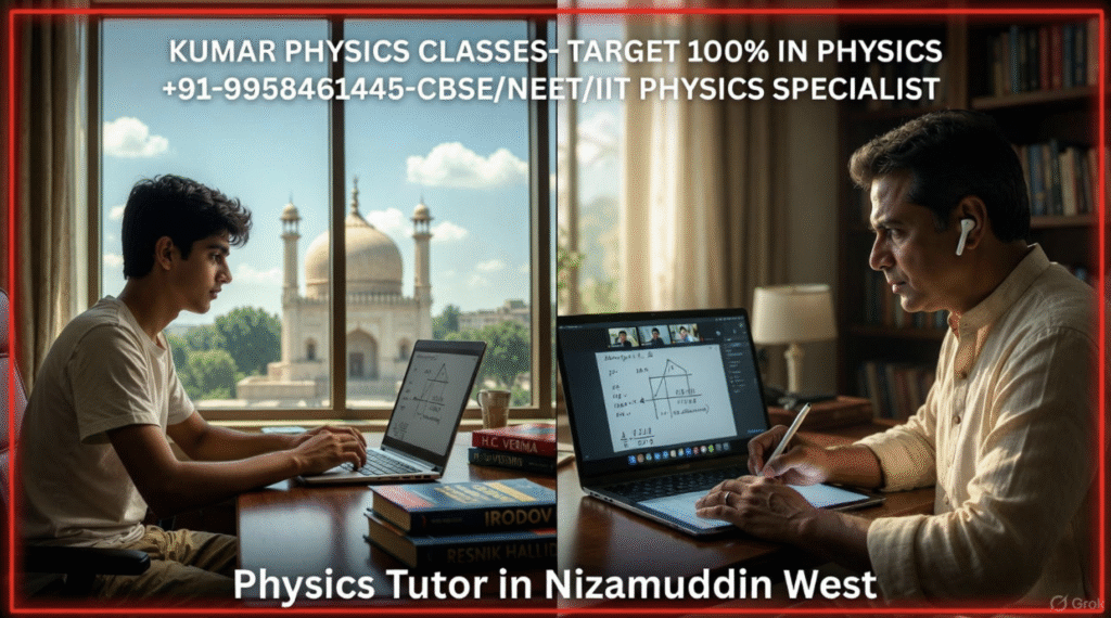 Students in modern school uniforms attending an online Physics class with Kumar Sir on a MacBook inside a conference room, physics books like Irodov and H.C. Verma placed on the table, IIT Delhi & AIIMS Delhi visible outside the window – Physics Tutor in Nizamuddin West