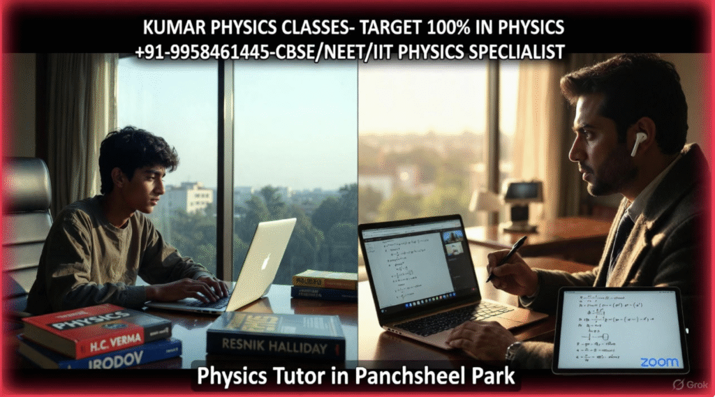 Students in modern school uniforms studying online Physics with Kumar Sir via MacBook, with H.C. Verma and Irodov books on the table—Physics Tutor in Panchsheel Park.