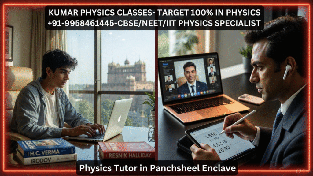 Students studying online Physics with Kumar Sir on MacBook, reference books like Irodov and H.C. Verma on table, Physics Tutor in Panchsheel Enclave.

