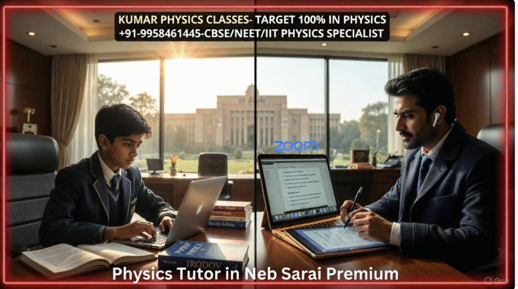 Physics Tutor in Neb Sarai Premium – Kumar Physics Classes online one-on-one session with students, featuring physics books and MacBook setup.