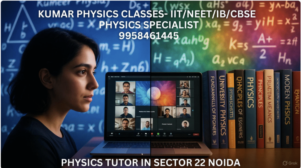 Physics tutor in Sector 22 Noida classroom setup with books and concept board 