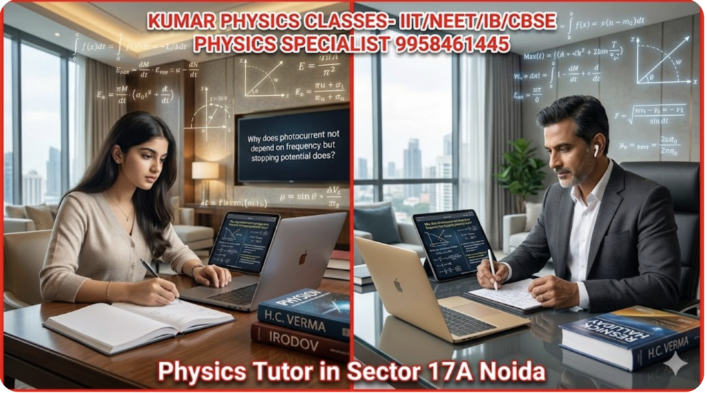 Physics tutor teaching students online with laptops – Sector 17A Noida classroom setup