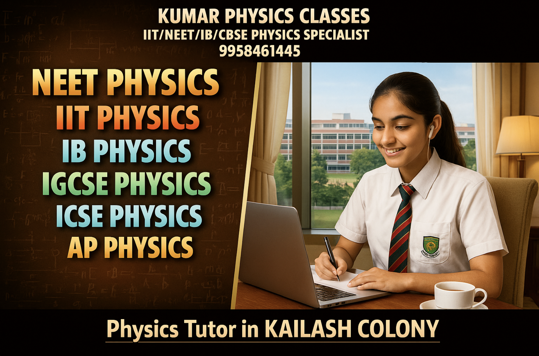 Kumar Physics Classes banner showing NEET, IIT, IB, IGCSE, ICSE, and AP Physics tutoring with a student studying online in Kailash Colony