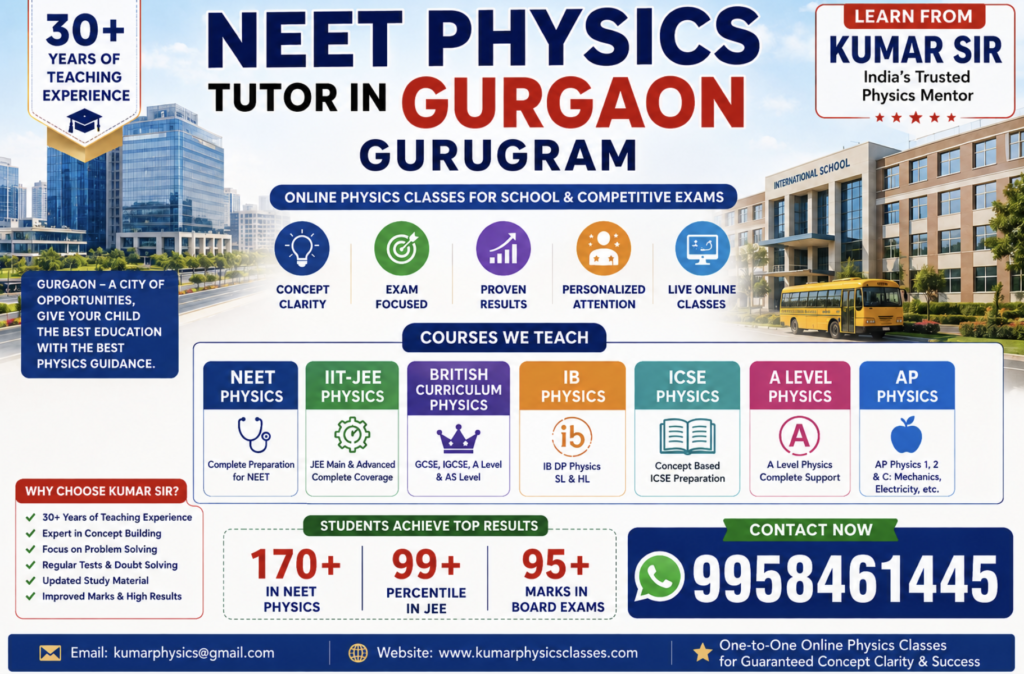 NEET Physics Tutor in Gurgaon and Gurugram online coaching poster by Kumar Physics Classes for IIT-JEE, IB, AP, ICSE, A Level and British Curriculum Physics students.