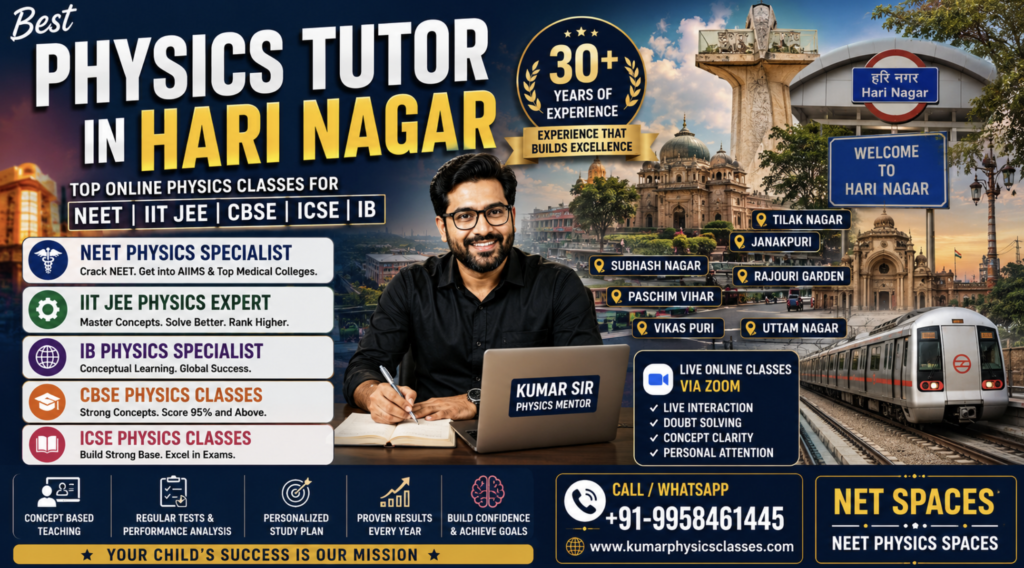 Best Physics Tutor in Hari Nagar for NEET IIT JEE CBSE ICSE and IB Physics with online Zoom classes by Kumar Sir.