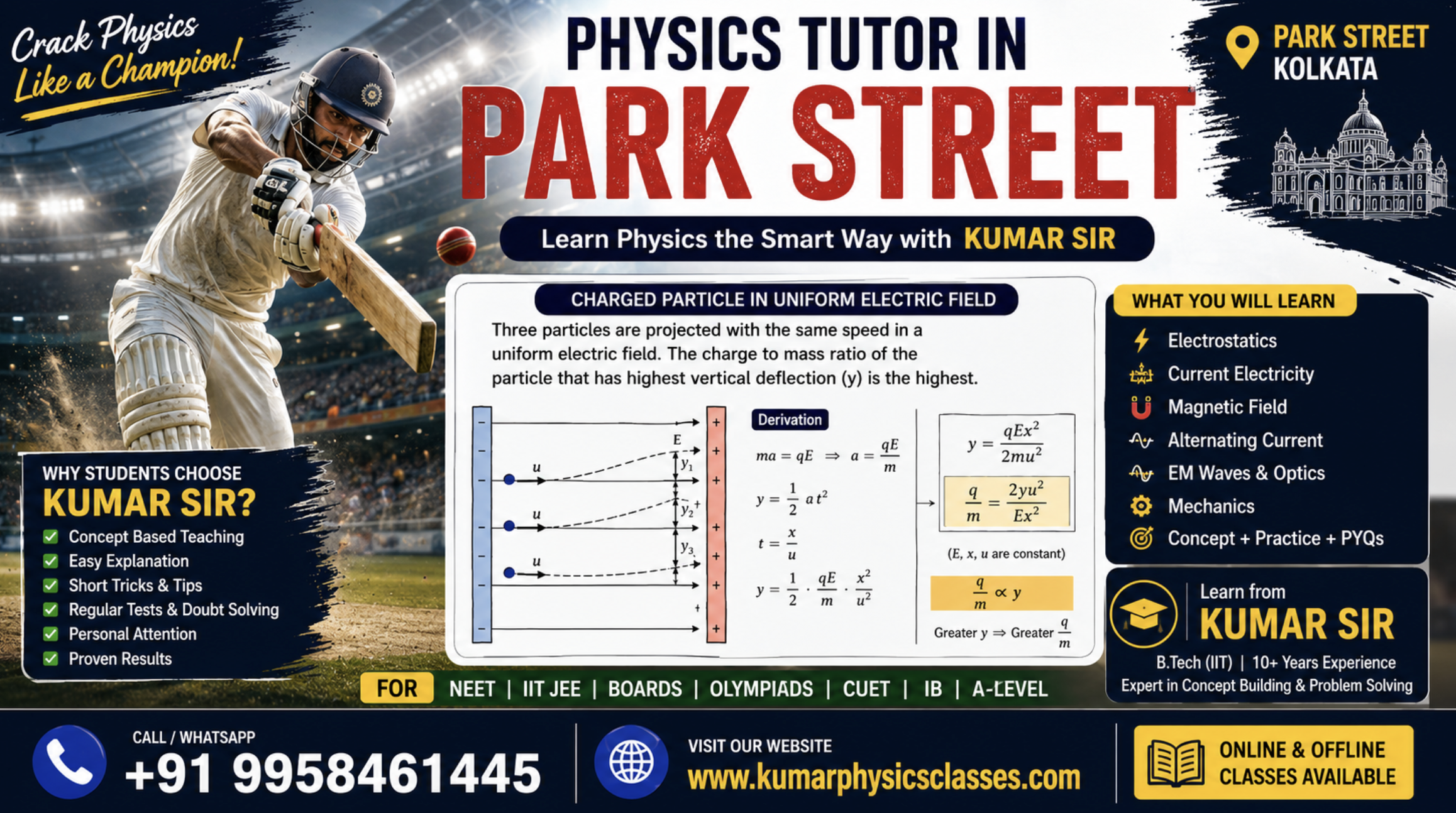 Physics Tutor in Park Street Kolkata cricket style banner for NEET, IIT JEE, CBSE, ICSE, IB and A-Level Physics coaching with formulas, concept-based teaching and contact details.