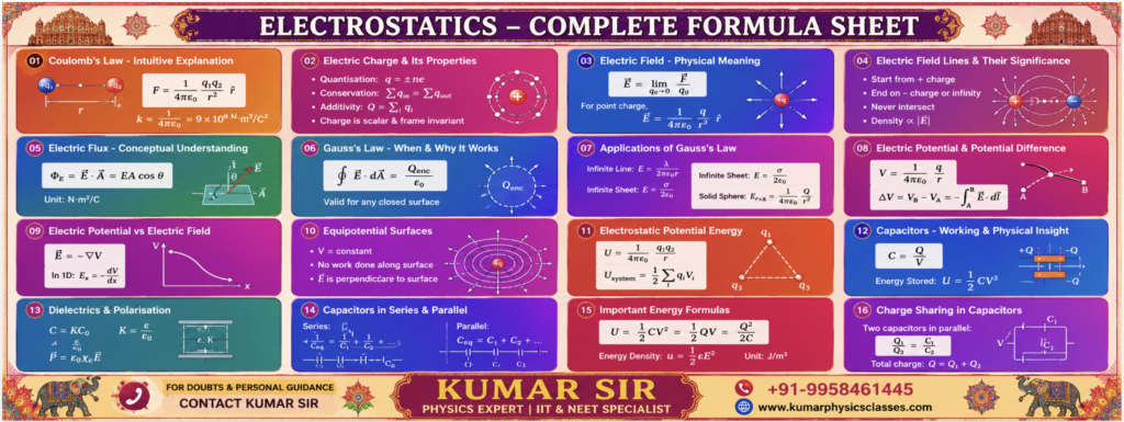 Electrostatics Complete Formula Sheet covering Coulomb Law, Electric Charge, Electric Field, Electric Flux, Gauss Law, Electric Potential, Equipotential Surfaces, Electrostatic Energy, Capacitors, Dielectrics and Polarisation for CBSE NEET JEE Main JEE Advanced