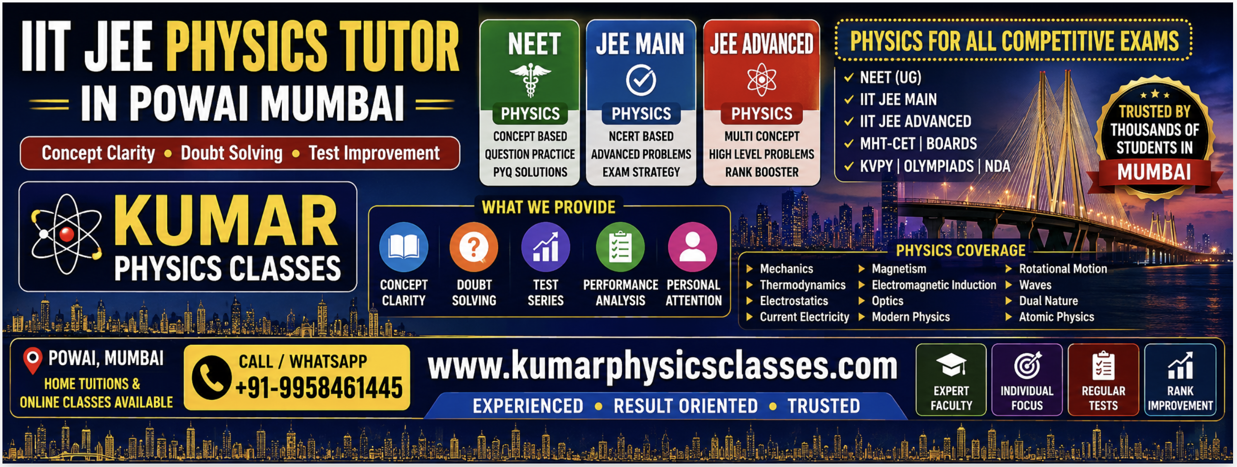 IIT JEE Physics Tutor in Powai Mumbai by Kumar Physics Classes with NEET, JEE Main, JEE Advanced, AP Physics, IB Physics and board exam support.