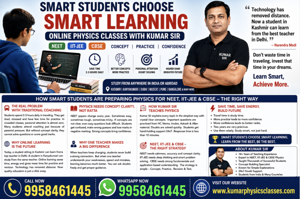 Online NEET, IIT-JEE and CBSE Physics Classes with Kumar Sir featuring concept-based learning, doubt solving, and personal mentorship for students across India and abroad.
