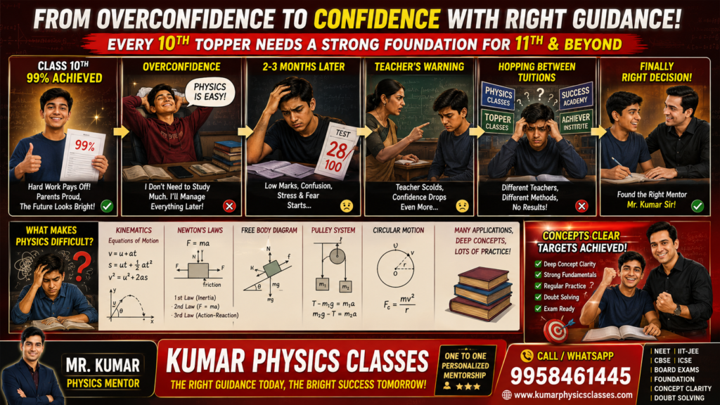 Physics tutor for Class 11 helping students transition from Class 10 to advanced Physics concepts like kinematics, Newton’s laws and free body diagrams through personalized mentoring.