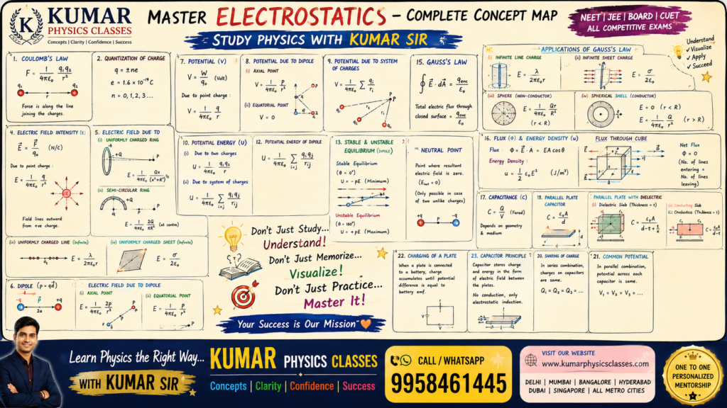 Physics tutor for Electrostatics by Kumar Physics Classes covering Coulomb’s Law, Gauss Law, Electric Field, Potential, Dipole, Capacitance and Parallel Plate Capacitor concepts for NEET and IIT-JEE students.