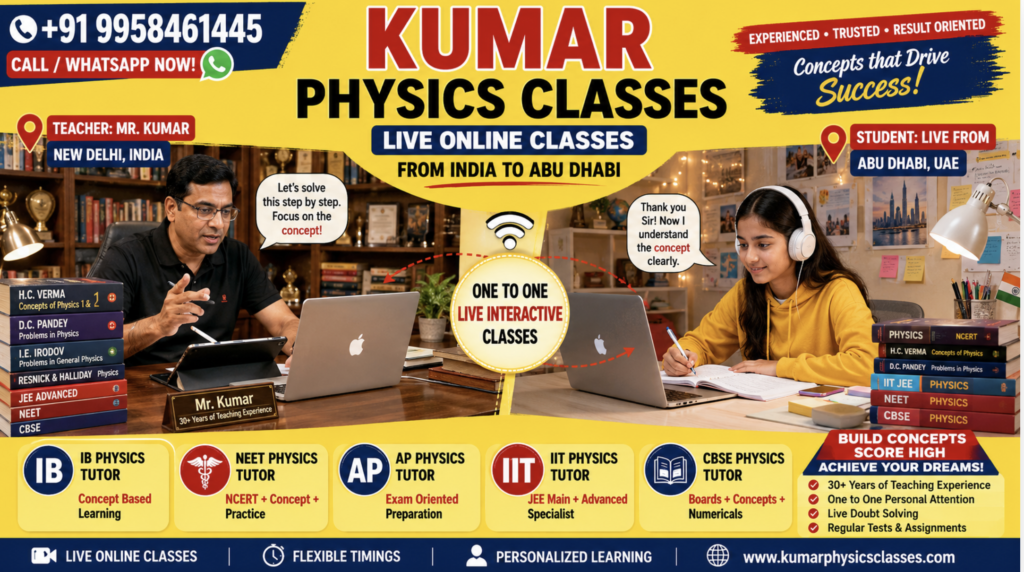 Best Physics Tutor in Abu Dhabi providing live online CBSE, NEET, IIT JEE, AP, ICSE and IB Physics classes from India
