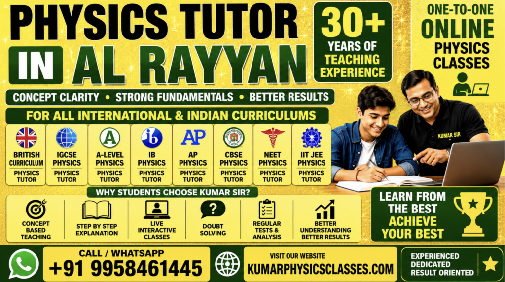 Physics Tutor in Al Rayyan poster featuring Kumar Sir’s online Physics coaching for British Curriculum, IGCSE, A-Level, IB Physics, AP Physics, NEET, and IIT-JEE students with bright yellow glitter design and bold text.