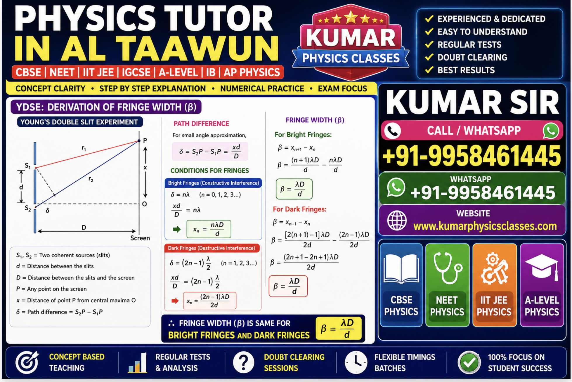 Physics Tutor in Al Taawun Sharjah for CBSE, NEET, IIT JEE, IGCSE, A-Level and AP Physics with YDSE fringe width derivation by Kumar Physics Classes