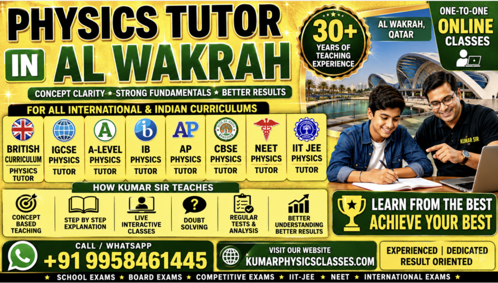 Physics Tutor in Al Wakrah poster featuring Kumar Sir’s online Physics coaching for British Curriculum, IGCSE, A-Level, IB Physics, AP Physics, CBSE, NEET, and IIT-JEE students with bright yellow and green design.
