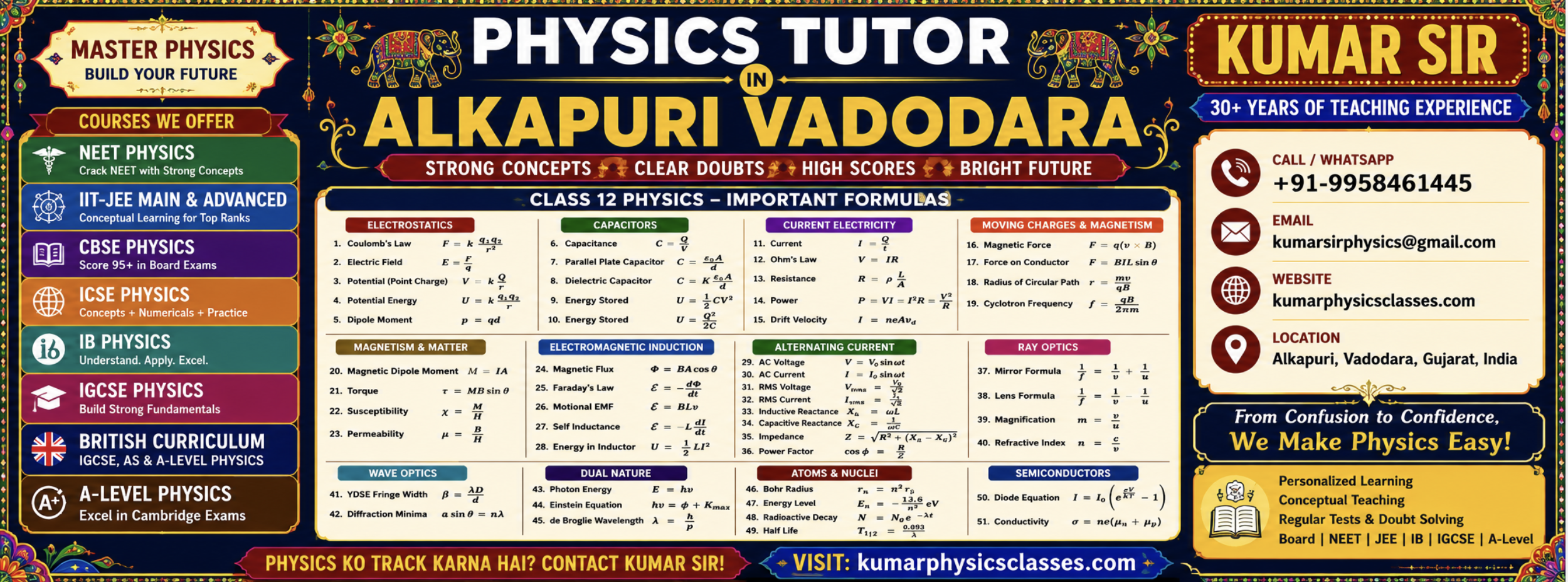 Physics Tutor in Alkapuri Vadodara banner featuring Kumar Sir, NEET Physics, IIT-JEE Physics, CBSE, ICSE, IB, IGCSE, A-Level Physics coaching, Class 12 Physics formulas, contact number +91-9958461445 and Kumar Physics Classes.