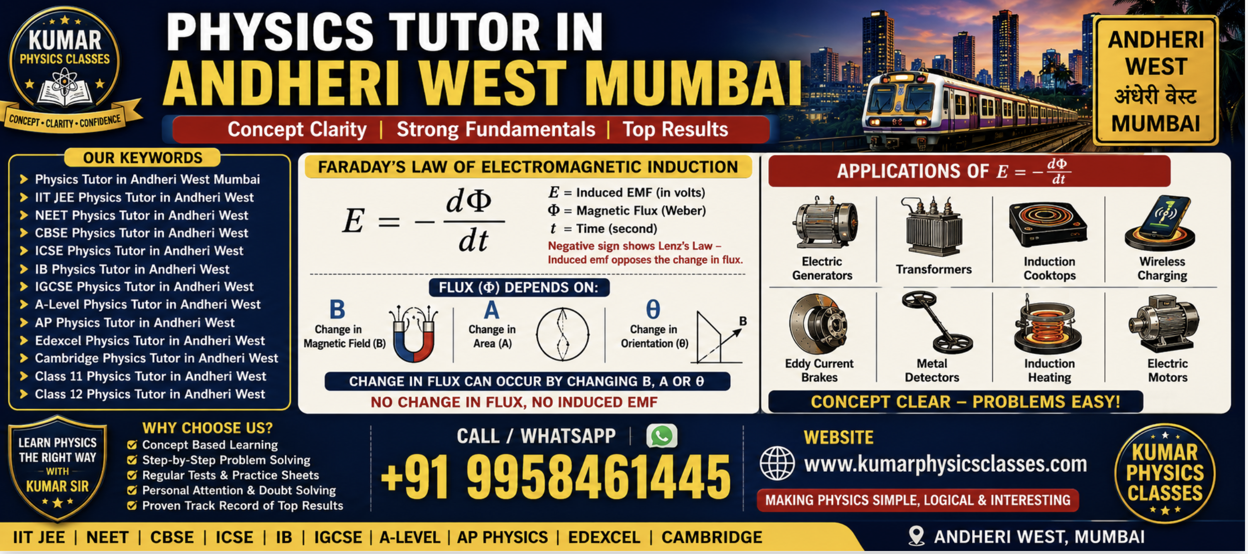 Physics Tutor in Andheri West Mumbai with Faraday Law applications, Kumar Physics Classes contact number and website