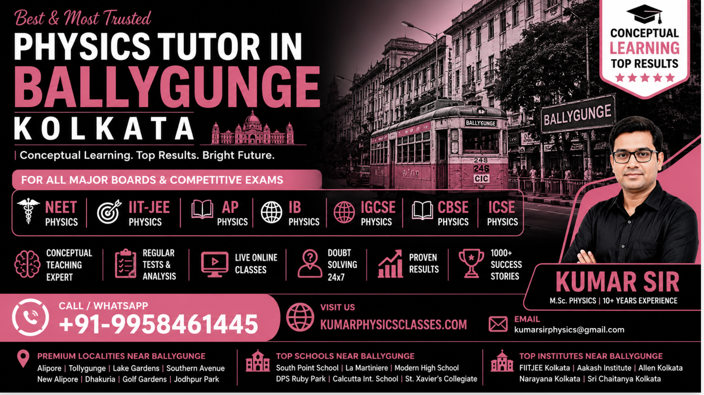 Physics Tutor in Ballygunge Kolkata promotional banner for NEET Physics, IIT-JEE Physics, AP Physics, IB Physics, IGCSE Physics and CBSE Physics by Kumar Physics Classes with pink-black Kolkata-style design, contact number 9958461445 and email kumarsirphysics@gmail.com