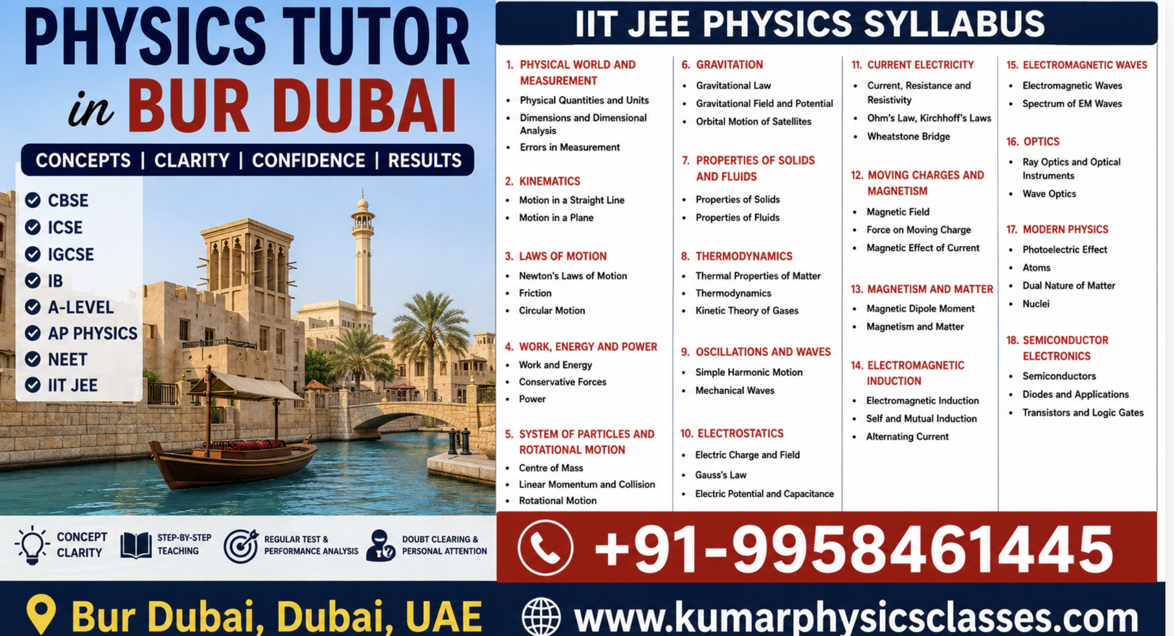 Physics Tutor in Bur Dubai IIT JEE Physics syllabus poster with Kumar Physics Classes contact number and website