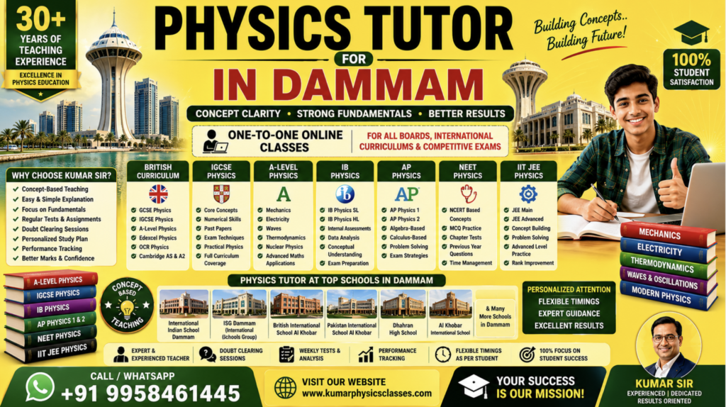 Physics Tutor in Dammam poster featuring Kumar Sir’s online Physics classes for British Curriculum, IGCSE, A-Level, IB Physics, AP Physics, NEET, and IIT-JEE students with Dammam landmarks, international schools, and contact details.