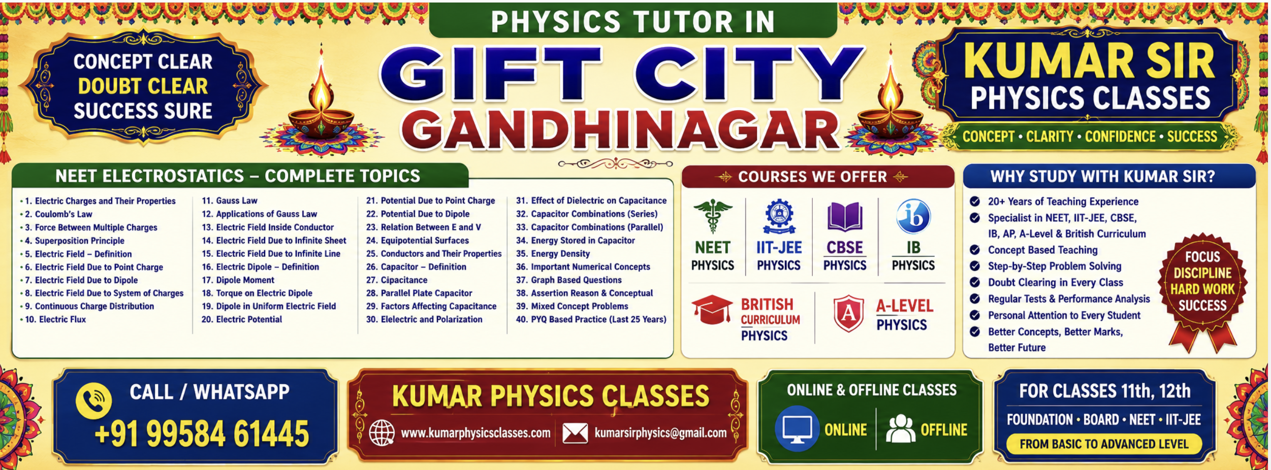 Physics Tutor in GIFT City Gandhinagar banner for NEET Electrostatics, IIT-JEE, CBSE, IB, AP and A-Level Physics with Kumar Sir contact details.