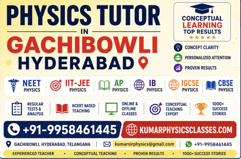 Physics Tutor in Gachibowli Hyderabad banner for NEET Physics, IIT-JEE Physics, AP Physics, IB Physics, IGCSE Physics and CBSE Physics by Kumar Physics Classes with contact number 9958461445 and email kumarsirphysics@gmail.com