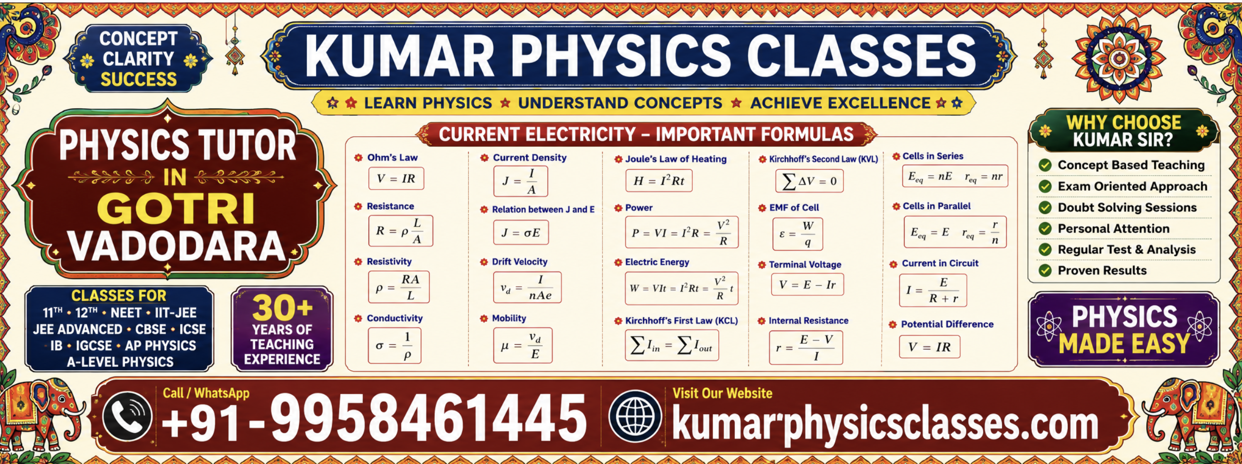 Physics Tutor in Gotri Vadodara educational poster featuring Kumar Physics Classes, Current Electricity formulas, NEET and IIT-JEE Physics coaching, contact number +91-9958461445 and website kumarphysicsclasses.com.