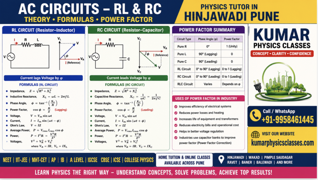 16:9 Physics Tutor in Hinjawadi Pune infographic showing RL and RC AC circuits with phase angle diagrams, voltage-current relations, formulas, power factor concepts, and Kumar Physics Classes contact details in colorful Pune-style educational design.