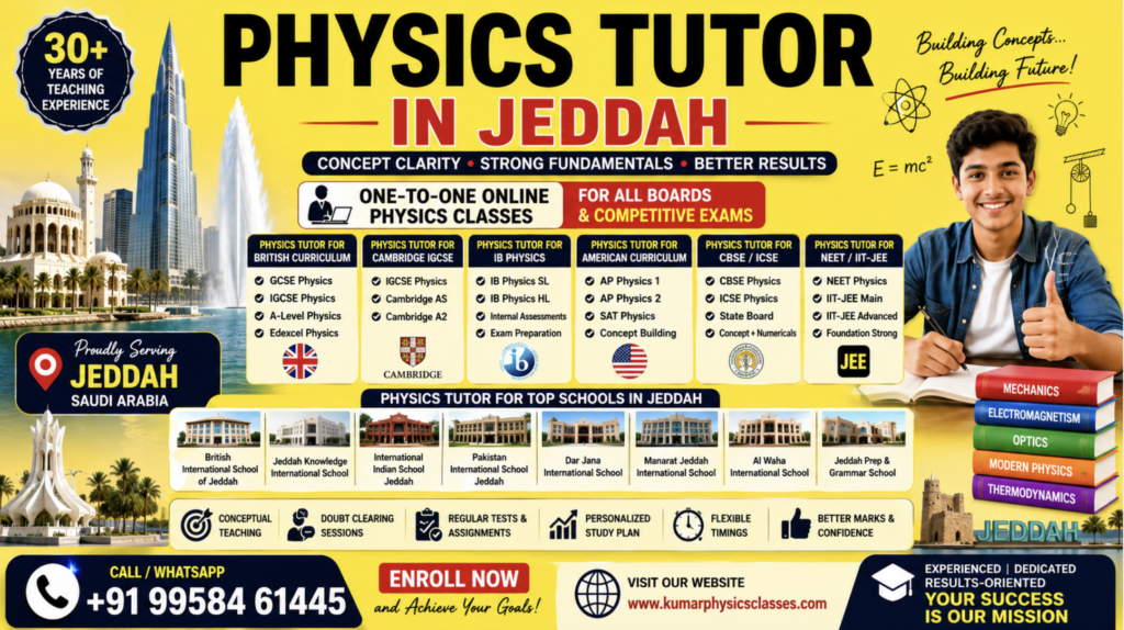 Physics Tutor in Jeddah by Kumar Sir for NEET, JEE, AP Physics and CBSE students with one-to-one online classes