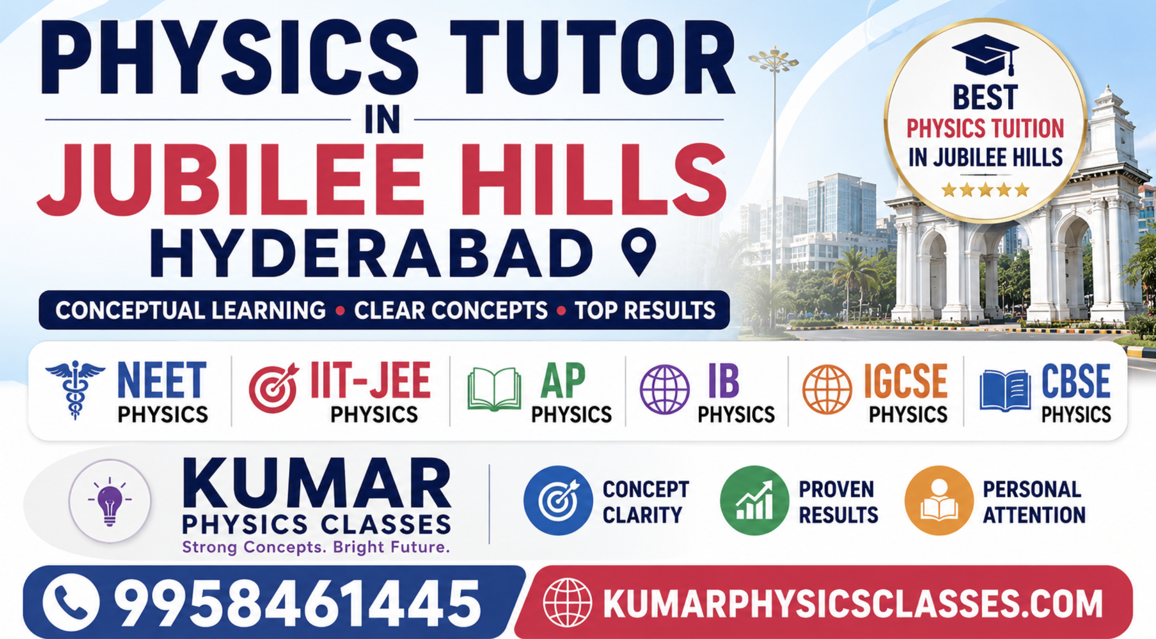 Physics Tutor in Jubilee Hills Hyderabad banner for NEET Physics, IIT-JEE Physics, AP Physics, IB Physics, IGCSE Physics and CBSE Physics by Kumar Physics Classes with contact number 9958461445.