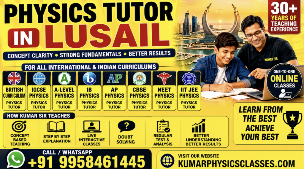 Physics Tutor in Lusail poster featuring Kumar Sir’s online Physics coaching for British Curriculum, IGCSE, A-Level Physics, IB Physics, AP Physics, CBSE Physics, NEET Physics, and IIT-JEE students with bright yellow design and WhatsApp contact details.