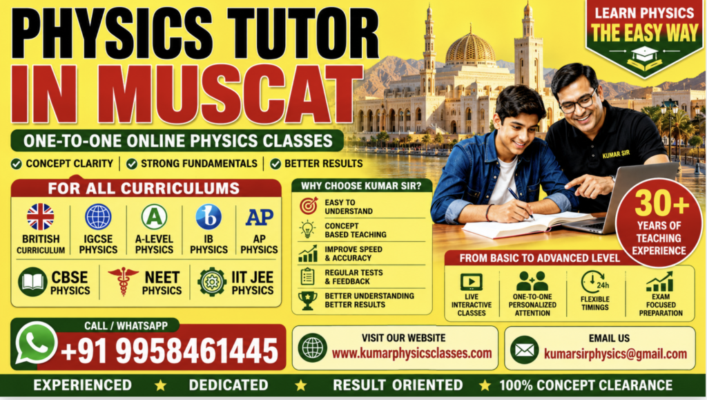Physics Tutor in Muscat poster featuring Kumar Sir’s online Physics coaching for British Curriculum, IGCSE, A-Level, IB Physics, AP Physics, CBSE, NEET, and IIT-JEE students with bright yellow, red, and green design and bold contact details.