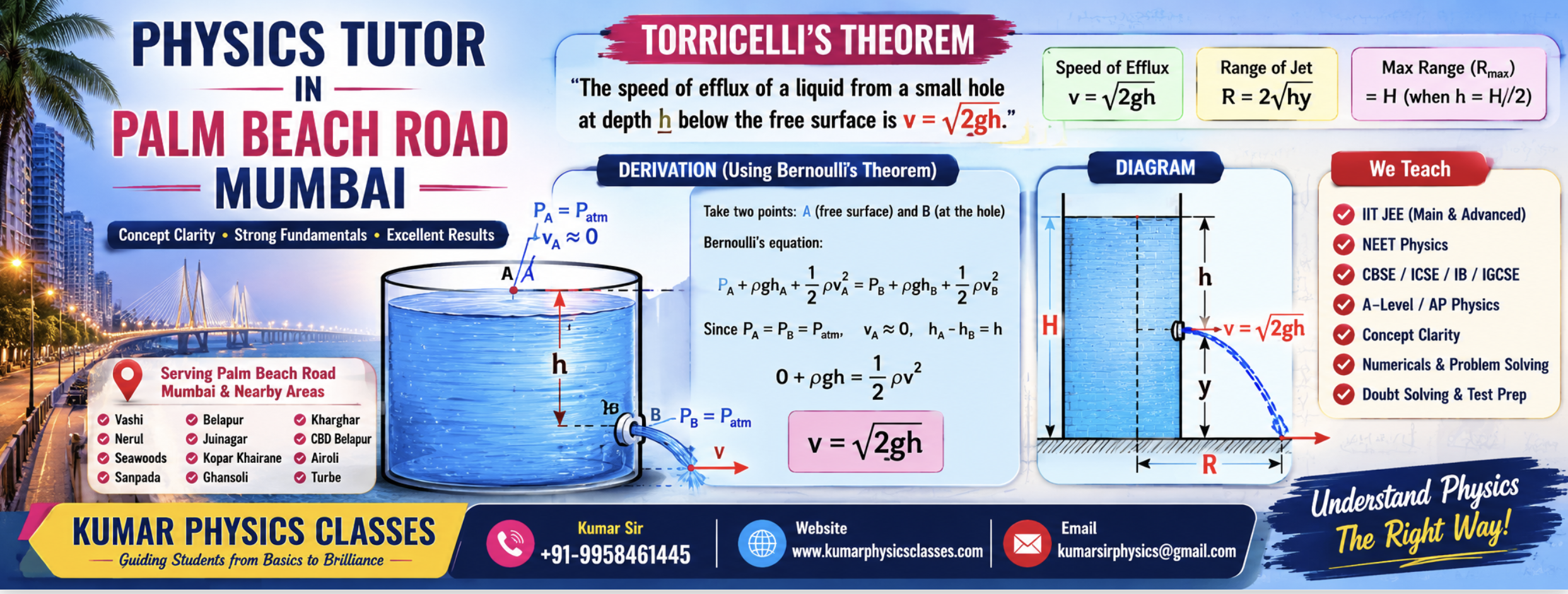Physics Tutor in Palm Beach Road Mumbai – Kumar Physics Classes poster explaining Torricelli’s Theorem with diagram, formula, derivation, website and contact details.