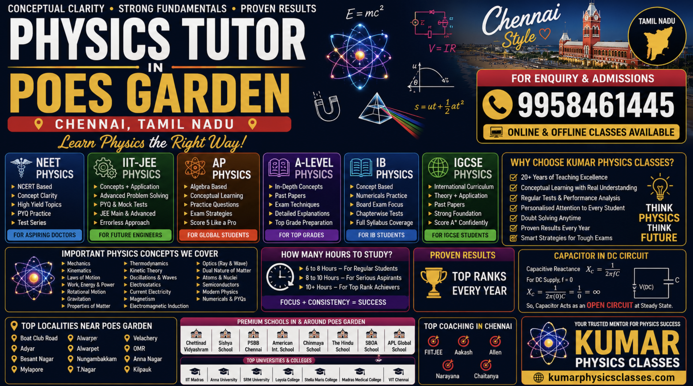 Physics Tutor in Poes Garden Chennai banner for NEET Physics, IIT-JEE, AP, IB, IGCSE and CBSE Physics by Kumar Physics Classes with contact number 9958461445.