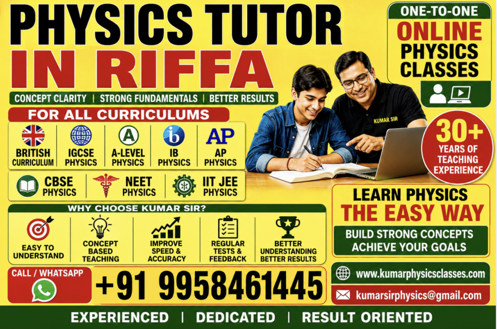 Physics Tutor in Riffa poster featuring Kumar Sir’s online Physics coaching for British Curriculum, IGCSE, A-Level, IB Physics, AP Physics, CBSE, NEET, and IIT-JEE students with bright yellow, red, and green design and bold contact details.
